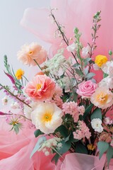 Obraz na płótnie Canvas A vibrant mix of pastel-colored flowers set against a soft pink tulle, ideal for spring celebrations or as a delicate floral backdrop..