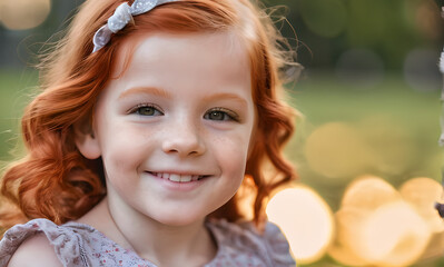 red-haired girl smiling, close-up happy child face, happy family, children's dream, little cute red-haired girl park, portrait happy child park, childhood red-haired child, daughter with red hai head