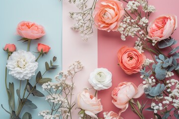 An artistic display of mixed flowers featuring soft pastel tones, perfect for springtime decor or as a gentle floral background..