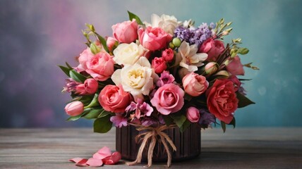 In this captivating arrangement, the timeless beauty of roses unfolds in a mesmerizing display of floral artistry. Each delicate bloom, carefully selected and lovingly arranged,  