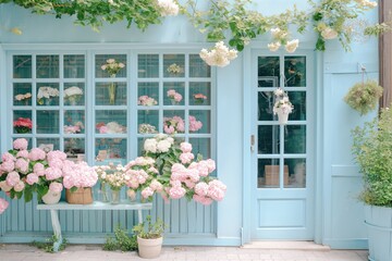 The picturesque exterior of a flower shop, with its pastel-colored walls and doors, beautifully decorated with an array of blooming flowers. - Powered by Adobe