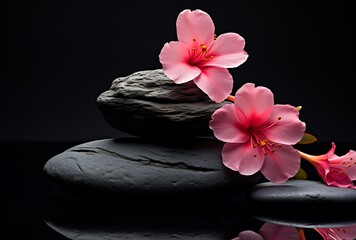 Obraz na płótnie Canvas zen basalt stones and pink sakura flowers on black background, zen concept