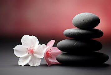 Fototapeta na wymiar zen stones and flower on black background, spa and healthcare concept.