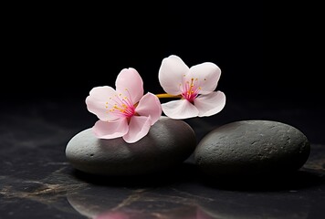 zen basalt stones and pink sakura flower on black background, closeup