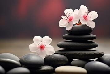 zen basalt stones and sakura flower on red background, closeup