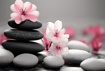 zen basalt stones and pink flowers on the water, spa concept