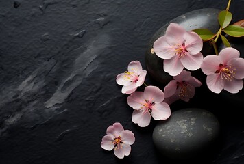 Obraz na płótnie Canvas Spa still life with pink sakura flowers on black stone background