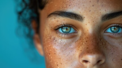 Close-up portrait of a beautiful girl with freckles on her face. The background is plain dark blue.
