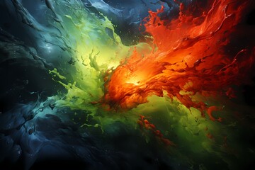 Crimson and electric green liquids collide in a burst of energy, creating a mesmerizing abstract display. HD camera captures the dynamic collision with vivid colors and intricate patterns