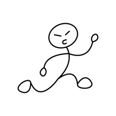 Stick figure drawing conceptually depicting a smiling and wriggling man or a businessman pointing his hand and offering or showing something - obrazy, fototapety, plakaty