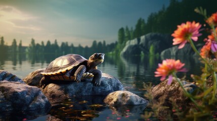 A big turtle, a beautiful shell. A group of wild turtles in the lake. Turtles sit on a rock and bask in the sun. Wildlife, zoo, nature reserve. - obrazy, fototapety, plakaty