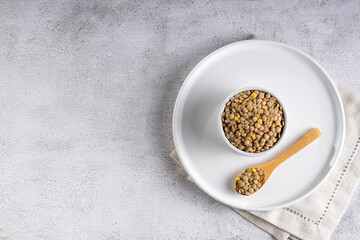 Green lentils in the bowl on the table. - obrazy, fototapety, plakaty