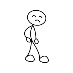 Stick figure drawing conceptually depicting a smiling and wriggling man or a businessman pointing his hand and offering or showing something - obrazy, fototapety, plakaty