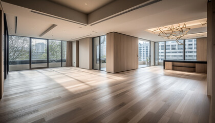 Modern design, clean and bright, with elegant parquet flooring generated by AI