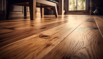 Old hardwood table on parquet flooring in a rustic room generated by AI - obrazy, fototapety, plakaty
