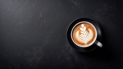 Hot latte standing on black background, top view, copy space - obrazy, fototapety, plakaty