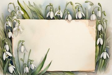 Background in watercolor in the form of a frame of snowdrops - obrazy, fototapety, plakaty