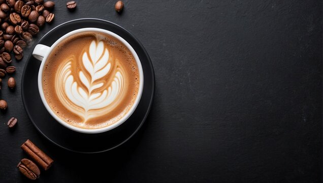 Hot latte standing on black background, top view, copy space