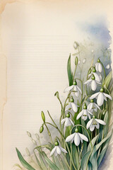 Background in watercolor in the form of a frame of snowdrops