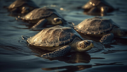 Turtle swimming in tranquil sea, showcasing beauty of underwater wildlife generated by AI