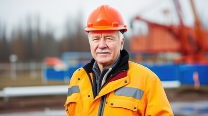The determined worker, donning a helmet, stands confidently in the foreground, making eye contact with the camera amid the construction activity.