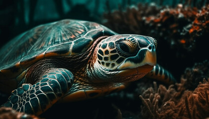 Fototapeta premium A beautiful sea turtle swimming in the colorful coral reef generated by AI