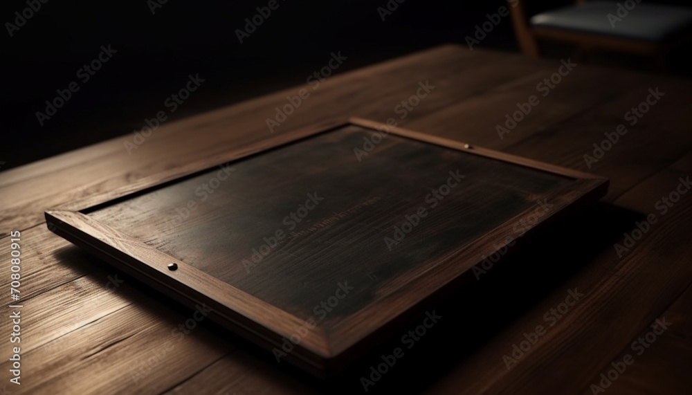 Poster wooden table with old book on dark background, rustic and empty generated by ai