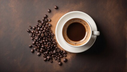 Obraz na płótnie Canvas Hot espresso standing on brown background, top view, copy space