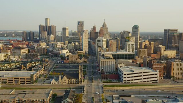 Golden Hour Aerial Pullback Reveal Downtown Skyline