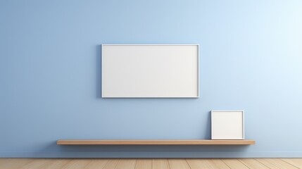 Empty podium for product presentation on a soft blue background, with blank frame for teks.