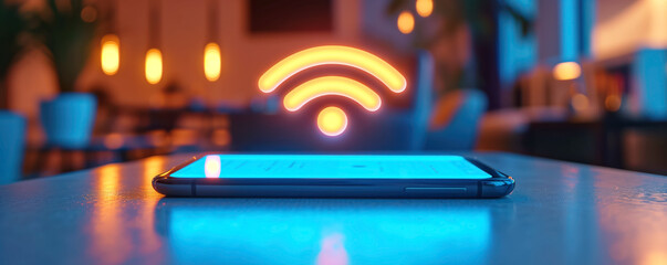 Smartphone lying on the table. Sigh of WIFI under phone. Concept of Wi-fi.
