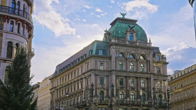 Parallax movement of the Palais Equitable historic building located in Stephansplatz Square, downtown Vienna, Austria 