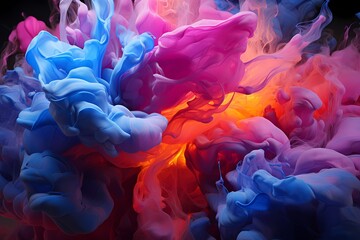 Deep sapphire and neon pink liquids intertwining in a spectacular explosion of energy, creating a dynamic abstract composition captured in high-definition by an HD camera. - obrazy, fototapety, plakaty