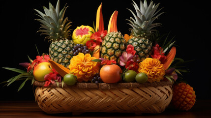 Basket brimming with exotic fruits