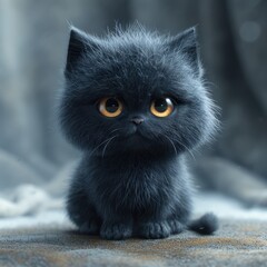 Cute fluffy black kitten. Looks at the camera. 3d rendering
