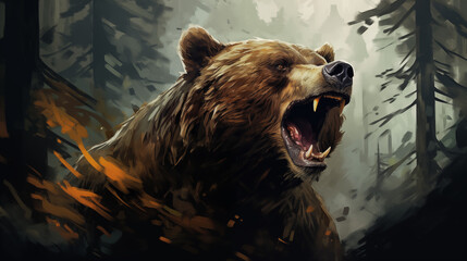 Aggressive bear, work of art, roaring bear - obrazy, fototapety, plakaty