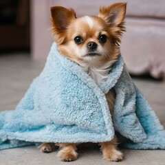 chihuahua puppy with a blue blanket