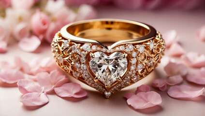 Beautiful gold ring with diamond in the shape of a heart, flowers shiny