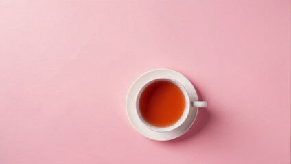 Hot cup of tea stands on light pink background, top view, copy space