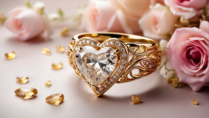Naklejka premium Beautiful gold ring with diamond in the shape of a heart, flowers