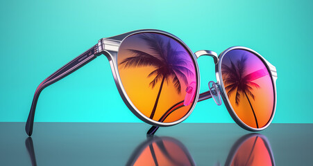 Sunglasses in summertime theme with palm trees reflecting in the lenses, teal blue background