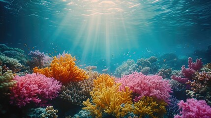 Marine Ecosystem, Coral Reefs Affected by Microplastics, Underwater Shot, Serene, Natural Underwater Light, Vibrant Corals - obrazy, fototapety, plakaty