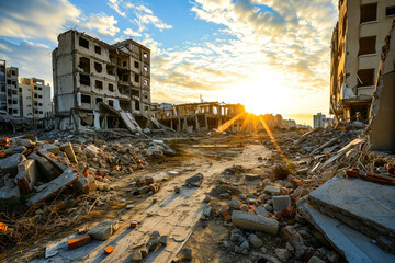 Sun Setting Over Destroyed Building, Aftermath of Rocket Attack on City