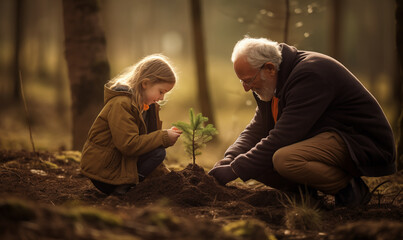 Grandfather and granddaughter planting a tree together in the woods during early fall - obrazy, fototapety, plakaty