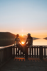 Romantic couple in love enjoying sunset view together Valentines day family travel lifestyle...