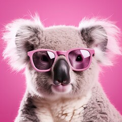 koala portrait in pink glasses. banner with pink background
