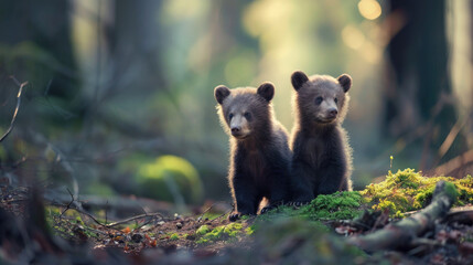 Woodland Watchers: Pair of Bear Cubs Observing Their Surroundings