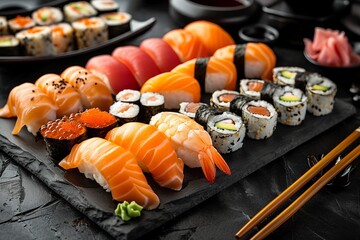 Sushi set on black stone background. Sushi rolls with salmon, tuna, shrimp, caviar