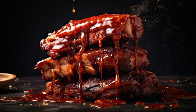 Mouthwatering Stack of BBQ Ribs Covered in Sauce, Delicious Meat Delight Picture