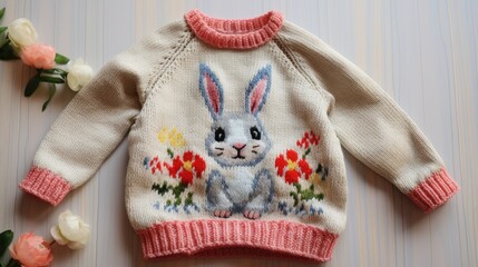 Flat lay of children's warm sweater with rabbit